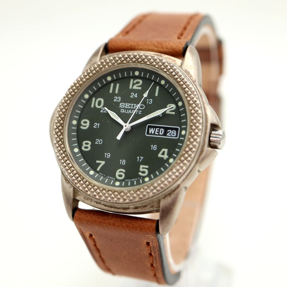 Vintage Seiko Military 39mm Day Date Watch Green Brown Leather 7N43-6B20 Working